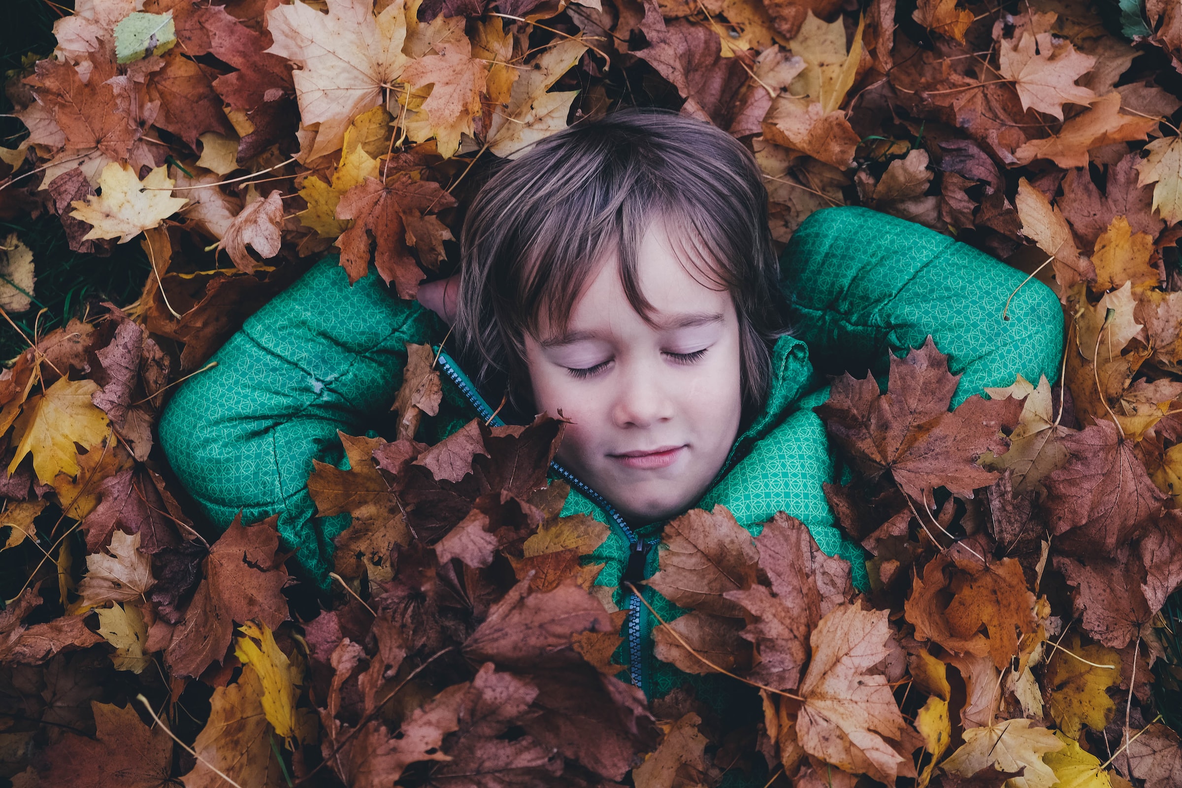 child in green jacket relaxing in a bed of leaves
